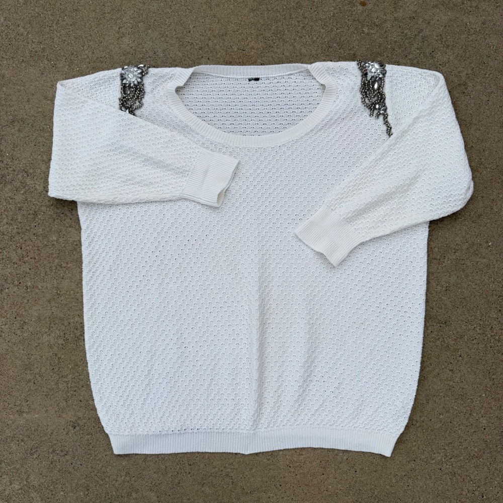 Unbranded Sweater Womens XL White Beaded Shoulder Knit Top Retro Party Glam